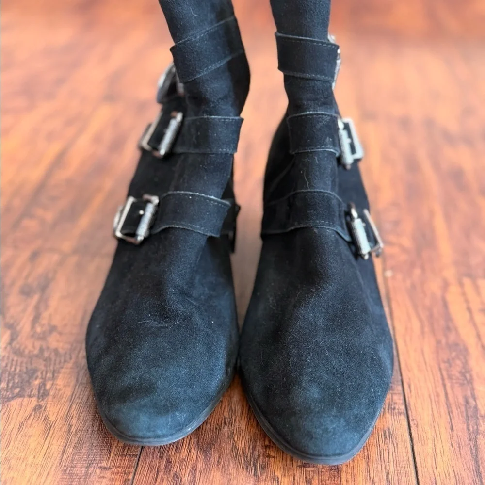 Blue Velvet Brand Black Suede Leather Ankle Boots with Triple Buckle